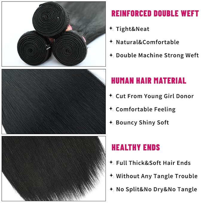 Straight Hair Bundles Human Hair 20 22 24 Inch 3 Bundles 12A Grade 100% Unprocessed Double Weft Weave Bundles Human Hair for Black Women Natural Color