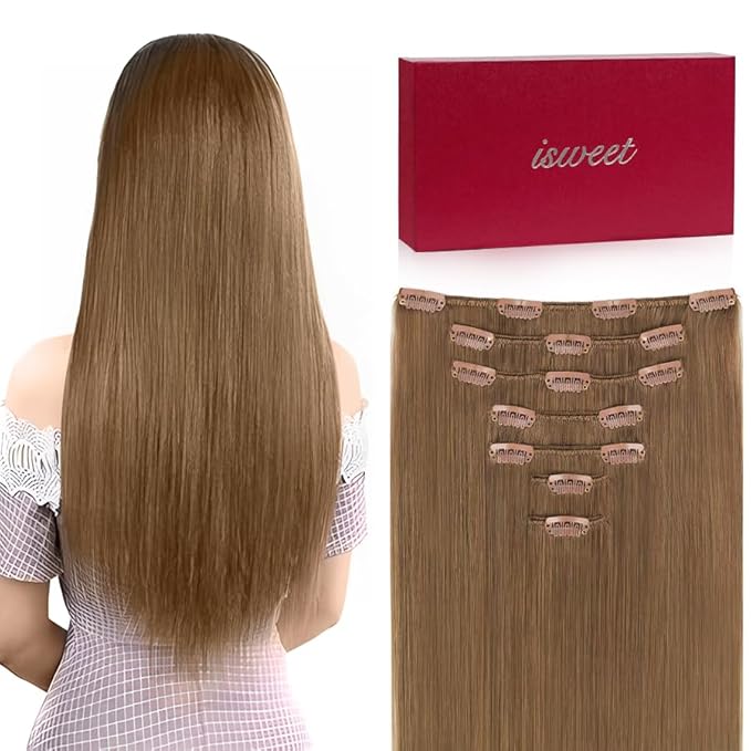 Straight Clip in Hair Extensions Real Human Hair, 7Pcs 22 Inch 120g #14 Golden Brown Invisible Natural Soft Remy Human Hair Extension Clip ins, Double Weft Hair Extensions Real Human Hair for Women
