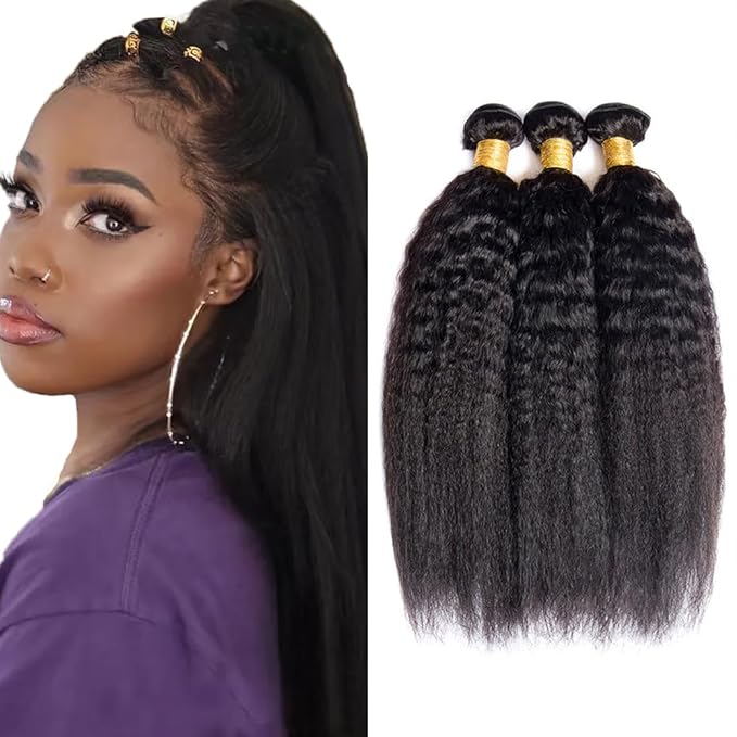 1B Human Hair Bundles Yaki Straight Bundle Kinky Straight Human Hair 3 Bundles 16 18 20 inch Double Weft Yaki Bundle