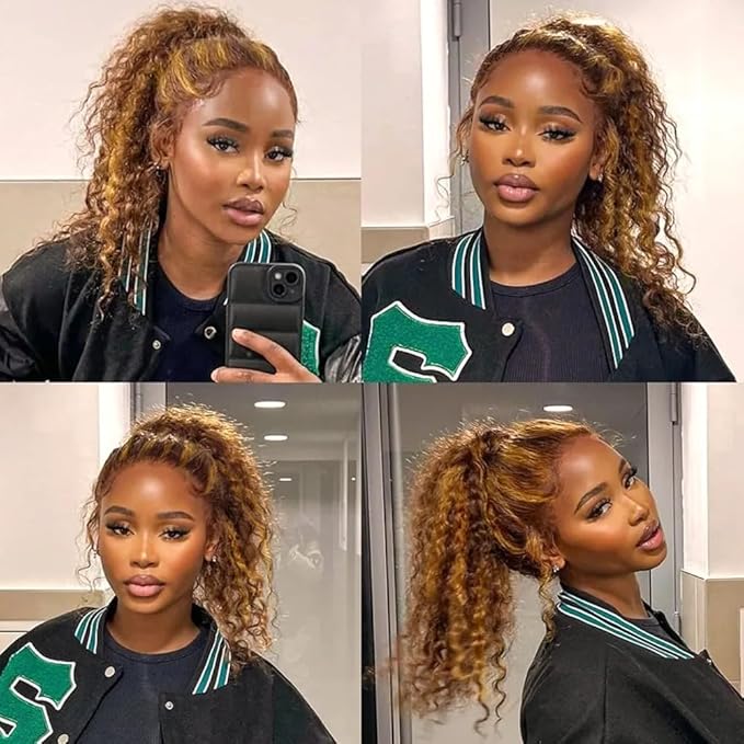 13x4 Highlight Ombre Deep wave Lace Front Wigs Human Hair for Black Women P4/27 Colored HD Transparent Honey Blonde Curly Lace Frontal Wigs Pre Plucked 180 Density with Baby Hair 28inch
