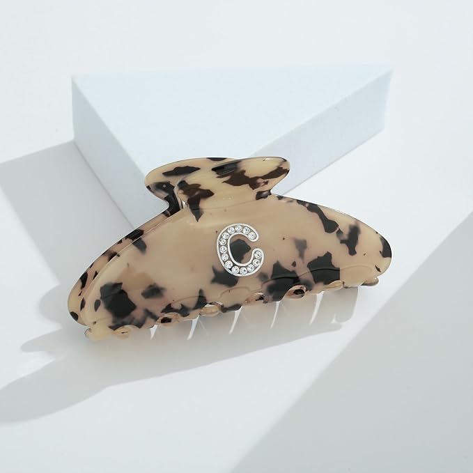 LILIE&WHITE Christmas Gift Tortoise Initial Hair Clips For Women With Letter Rhinestone Hair Claws Trendy Monogram Claw Clips For Thick Hair Alphabet C