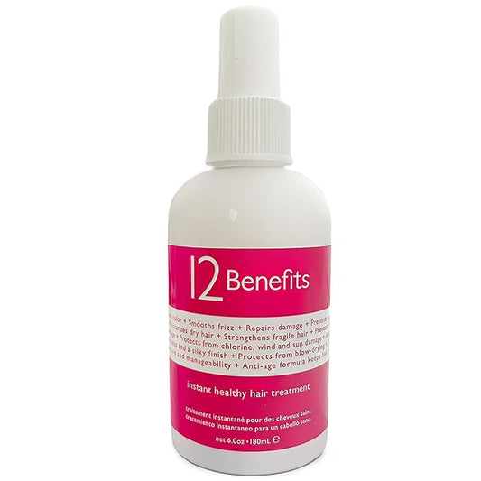 12 Benefits Leave-In Conditioner Spray – Instant Healthy Hair Treatment, Anti-Frizz, Detangles, Strengthens & Repairs, Heat Protection with Quaternium 39 & Silk Fibre Protein, 6 Fl Oz