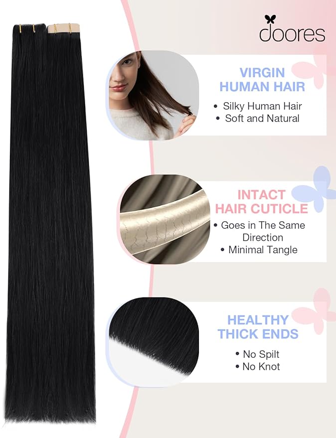 DOORES Invisible Tape in Hair Extensions Real Human Hair Invisi Edge, Jet Black 10 Injection Tape-ins with 10 Classic Tape-ins 50g 22 Inch, Virgin Human Injection Tape in Extension