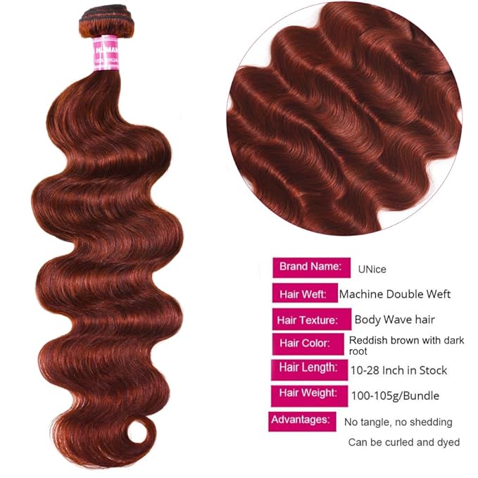 UNICE Reddish Brown Body Wave Human Hair Weave 4 Bundles 26 26 26 26 inch, Brazilian Remy Hair Auburn Brown Copper Red Human Hair Wavy Weaves for Sew in Extensions 33B Color