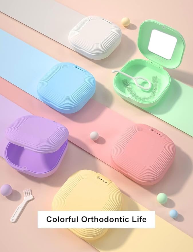 HEMILAB® Retainer Case with Mirror, Slim Aligner Case with Vent Holes, Compatible with Invisalign, Mouth Guard Box with Retainer Removal Tool, White