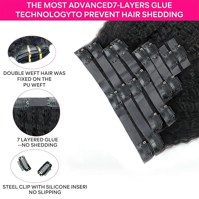 Seamless Kinky Straight Clip in Hair Extensions for Black Women Brazilian Virgin Human Hair Extensions 8Pcs Seamless Clip ins Human Hair with 18Clips Invisible PU Skin Weft 120g 14inch Natural Black