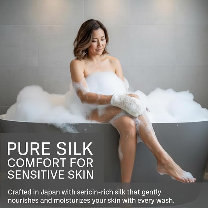 aisen Japan - Japanese Silk Sericin Bath & Shower Mitt, Made in Japan Exfoliating Body Wash Mitt for Sensitive Skin, Moisturizing Raw Silk Bath Glove, Gentle Luxury Bath Accessory Gift for Women