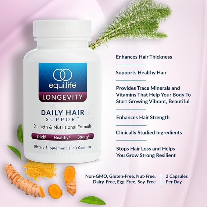 Equilife Daily Hair Support, Hair Supplement with Biotin, Ashwagandha, Zinc, Selenium, and Saw Palmetto, Vitamins and Minerals for Hair and Scalp Nourishment, Gluten Free, 60 Capsules