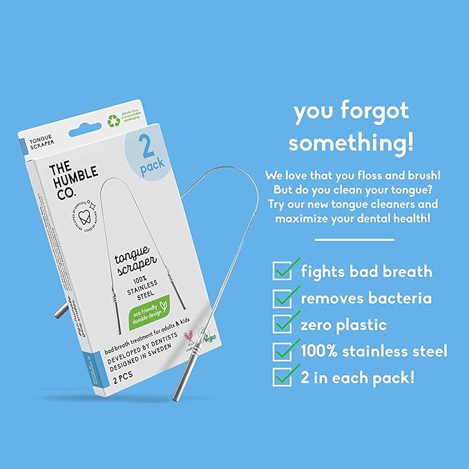 The Humble Co Tongue Scraper for Adults & Kids, 2 Pack - 100% Stainless Steel Tongue Cleaner Helps Eliminate Bad Breath & Bacteria - Dental Oral Care Products & Personal Hygiene Essentials