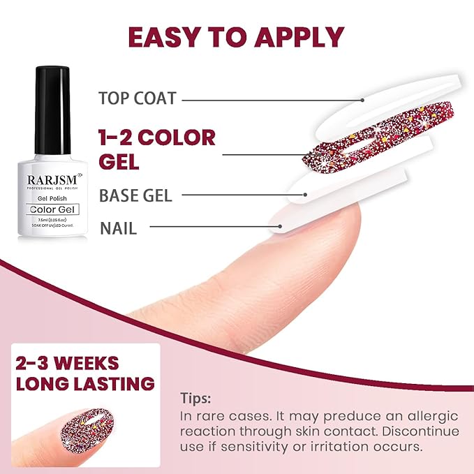 RARJSM Reflective Glitter Gel Polish Red Disco Glitter Gel Christmas Sparkling Glitters Iridescent Shimmer Sparkle Diamond Gel Polish Soak off Nail Art Manicure Salon DIY at Home 1PCS 7.5ML
