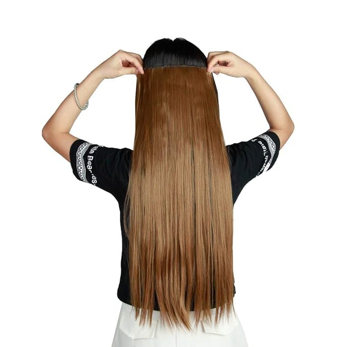 S-noilite Clip in/on Hair Extension 5 Clips One Piece Full Head Hairpiece Long Synthetic Heat-Resistant Hair For Party For Women Girls Teen (23" straight,light brown)