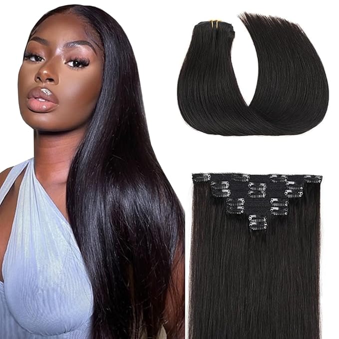 14 Inch 1B Clip in Hair Extensions - Real Remy Human Hair, 120g 7pcs, Naturel Black Human Hair Extensions Clip ins for Women