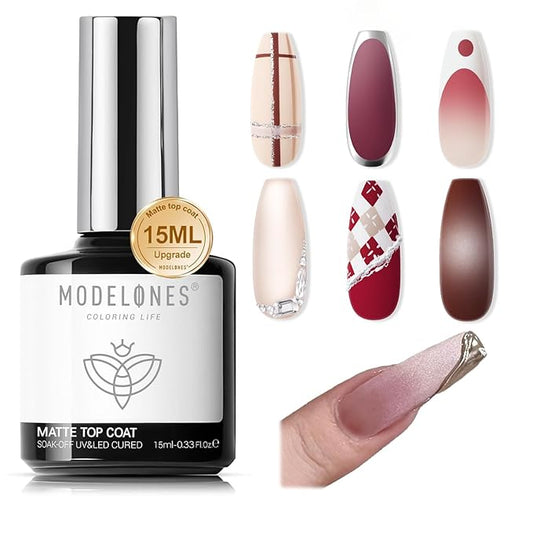 modelones Matte Gel Top Coat Chrome Proof, 15ML No Wipe Matte Top Coat Chrome Isolation Powder-Resist Velvet Finish Winter Gel Polish for Nail Art Painting Long Lasting Manicure DIY Gift for Women