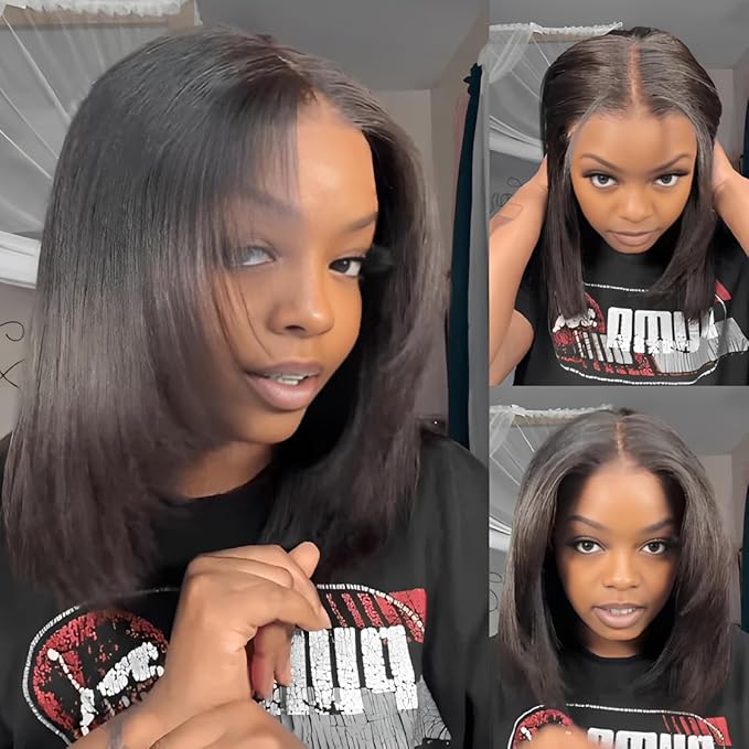 ISEE Hair M Cap 9x6 Bob Wig Human Hair Glueless Wigs Pre Plucked Pre Cut HD Lace Front Glueless Wigs Human Hair 180% Density Short Straight Bob Wigs for Black Women (Yaki Straight, 12 Inch)