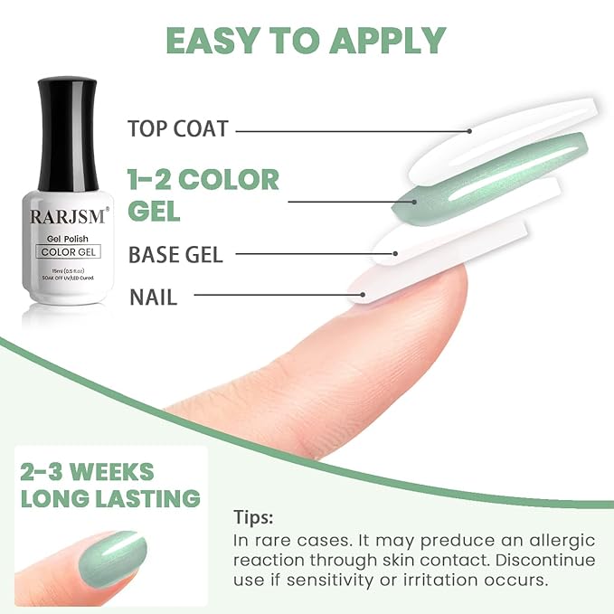 RARJSM Pearl Gel Nail Polish,15ML Light Green Pearlescent Gel Polish,Glitter Shell Gel Polish Green Shimmer Mermaid Nail Gel Polish Soak Off LED UV Drawing Swirl Thread Effect for DIY Manicure Use