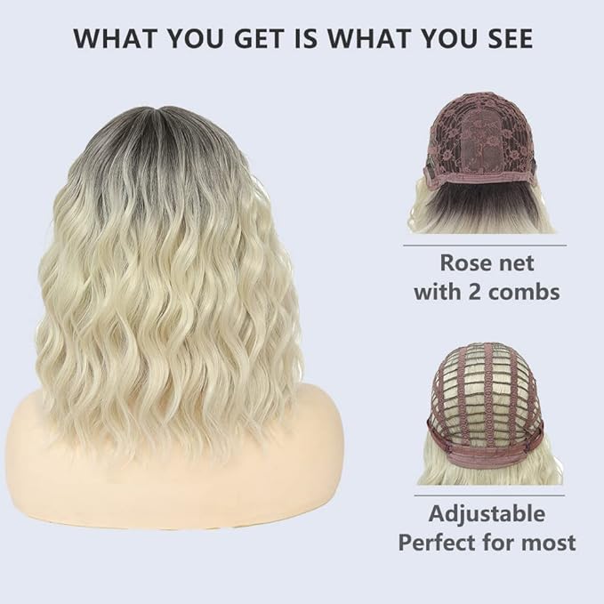 WAVE&BREEZE Blonde Wig with Bangs Short Wavy Bob Wigs for Women Natural Looking Ombre Blonde Hair Replacement Wigs Shoulder Length Daily Party Cosplay Costume Halloween Hair