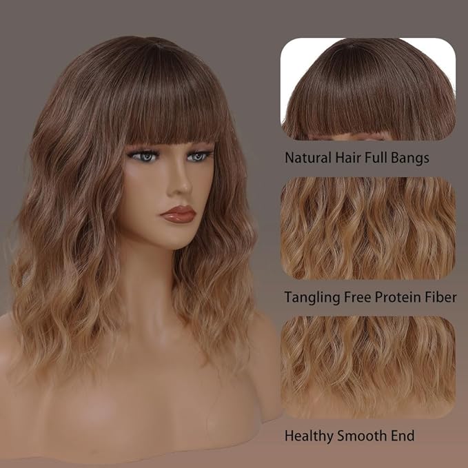 WAVE&BREEZE Brown Mixed Blonde Wigs with Bangs Bob Wavy Wigs for Women 14 Inch Shoulder Length Wig Natural Looking Synthetic Hair Replacement Wigs for Daily Party Use Cosplay Costume Halloween Wig