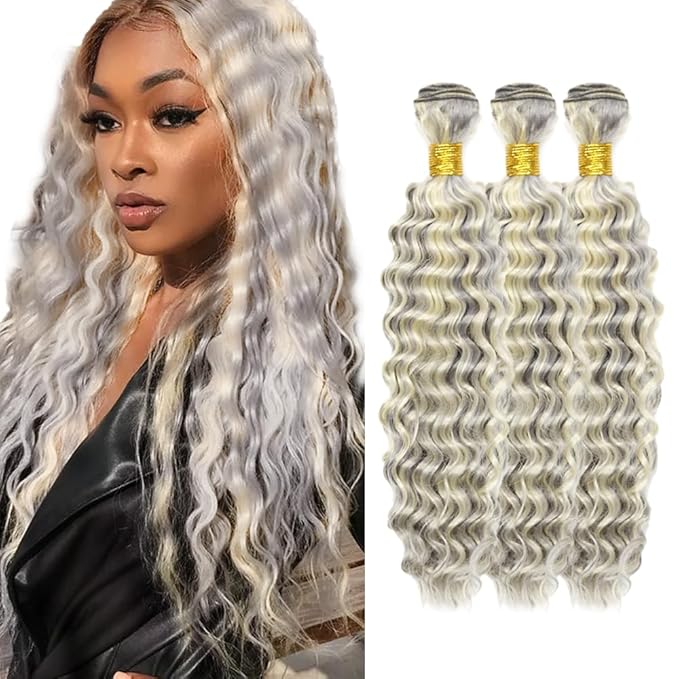 28 30 32 Inch Blonde Bundles Human Hair P613/grey Deep Wave 3 Bundle Unprocessed Brazilian virgin hair Weave Extensions Double Weft 50 Grams/Bundle Colored Highlight Grey Bundles for Woman