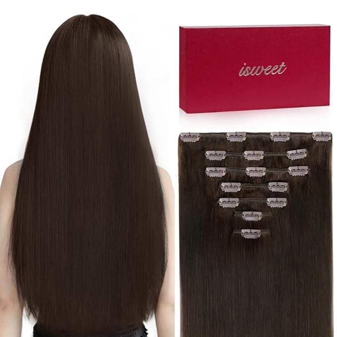 Straight Clip in Hair Extensions Real Human Hair, 7Pcs 16 Inch 100g #4 Chocolate Brown Invisible Natural Soft Remy Human Hair Clip ins, Double Weft Hair Extensions Real Human Hair for Women