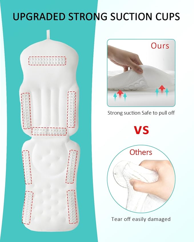 Full Body Bath Pillow for Bathtub, 5D Thick Tub Pillow for Bathtub with 192 Non-Slip Suction Cups, Laundry Bag & Hook, Bathtub Pillow for Head, Neck & Back Support (White, 51"*15")
