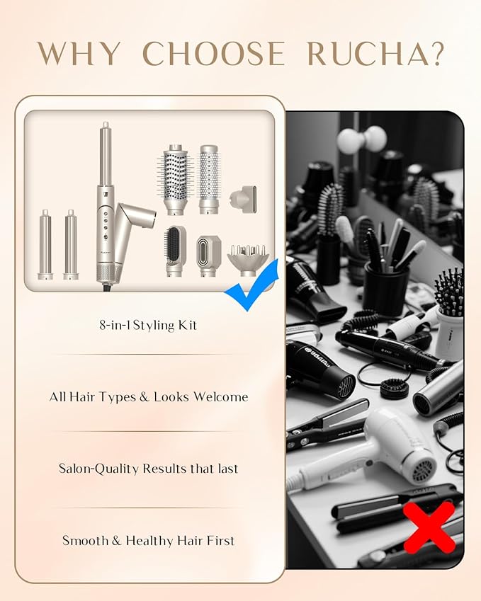 RUCHA 8-in-1 Foldable Hot Air Styler, 110,000 RPM High Speed Hair Nora Styler, Air Curler for Hair, Negative Ion Hot Air Bursh for Frizz-Free Styling Fast Drying Curling Straightening Volumizing