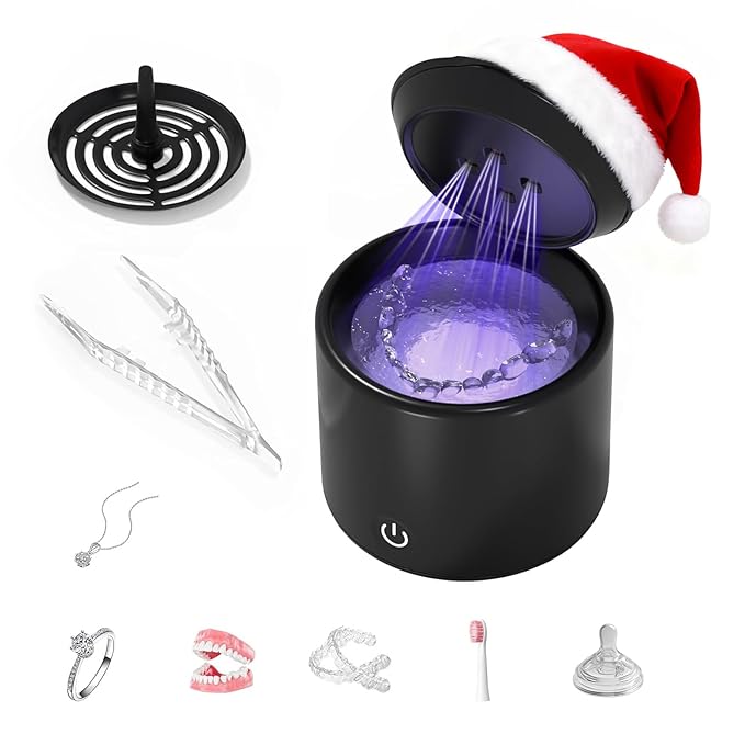 Ultrasonic Retainer Cleaner, 48kHz Denture Cleaner, Retainer Cleaning Machine for Denture, Retainer, Aligner, Jewelry, Mouth Guard, Brace, Toothbrush, Pacifier, Razor, 3 Modes Jewelry Cleaner 200ML