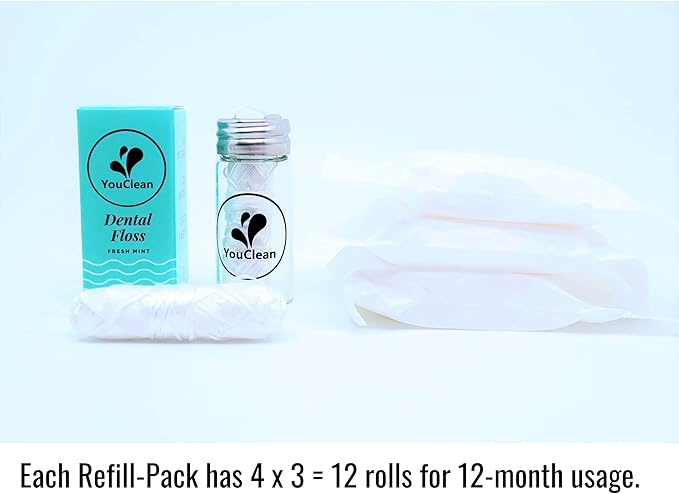 Natural Peppermint Essential Oil Infused Vegan Plant-Based Waxed Dental Floss 38 Yards/ 35 Meters in Refillable Glass Jar