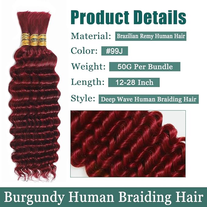 99J Human Braiding Hair for Boho Braids 20 Inch Burgundy Deep Wave Bulk Human Hair Red Wet and Wavy Braids Extensions
