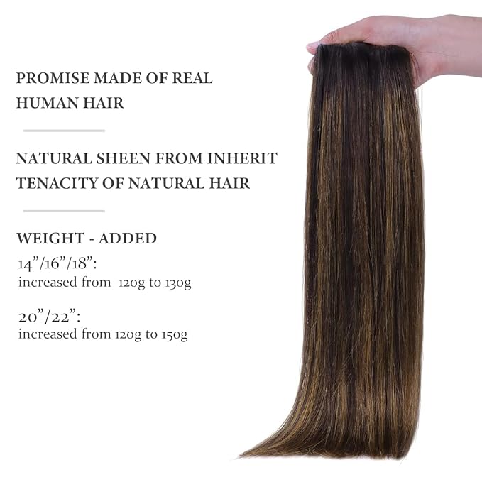 HOTBANANA Seamless Clip in Hair Extensions Balayage Dark Brown Mixed Golden Brown16 inch 130g 7pcs Clip in Remy Human Hair Extensions Straight Hair Invisible PU Skin Weft
