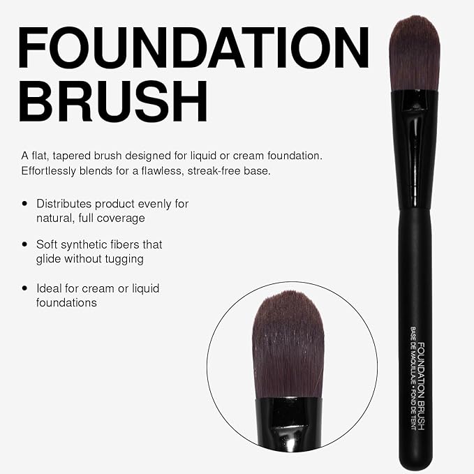 Palladio Foundation Brush, Flat Tapered Brush, Liquid and Cream Foundations, Flawless Blending, Smooth Finish, Synthetic Natural Bristles, Soft Feel, Comfortable Grip, Professional Application