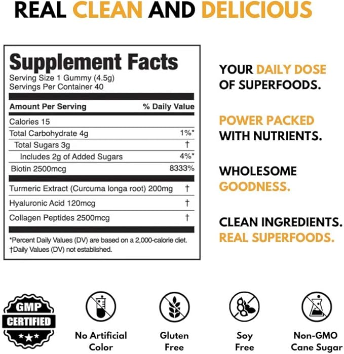 JUGO Beauty + SUPERFOODS Hair, Skin and Nails Collagen Gummies, Hyaluronic Acid and Turmeric Supplement, Cruelty-Free, Gelatin-Free and Gluten-Free Gummy Vitamins, Non-GMO, Made in USA, 40 Count