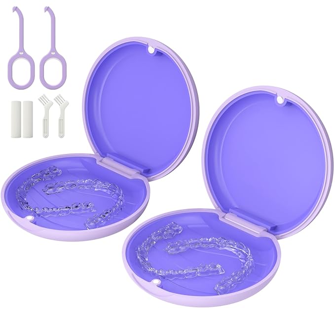 2 Pack Retainer Case, Compatible with Invisalign, Orthodontic Aligner Case with Removal Tool and Brush, Purple