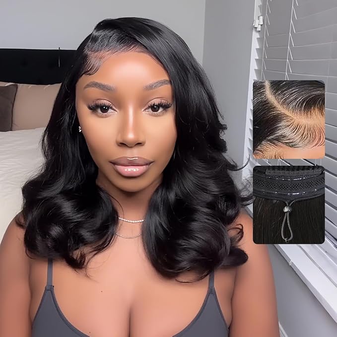 Tinashe Human Hair Wig Glueless Wigs Human Hair Pre Plucked Pre Cut Bob Wear And Go Loose Body Wave Layered Cut 6x5 HD Lace Front Wigs for Black Women Side Part Curtain Bangs Natural Black Wigs 20inch