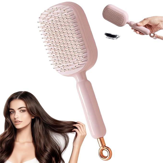 Self Cleaning Hair Brush, Retractable Hair Brush, Massage Comb With Retractable Bristles, Ergonomic Handle Hair Comb, One-pull Clean Anti Static Brushs, Hairs Styling Tools for All Hairs Types (Pink)