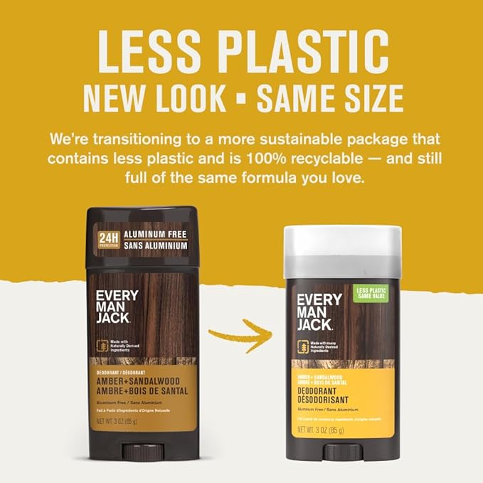 Every Man Jack Amber + Sandalwood Men’s Deodorant - Stay Fresh with Aluminum Free Deodorant For all Skin Types - Odor Crushing, Long Lasting, with Naturally Derived Ingredients - 3oz (4 Pack)