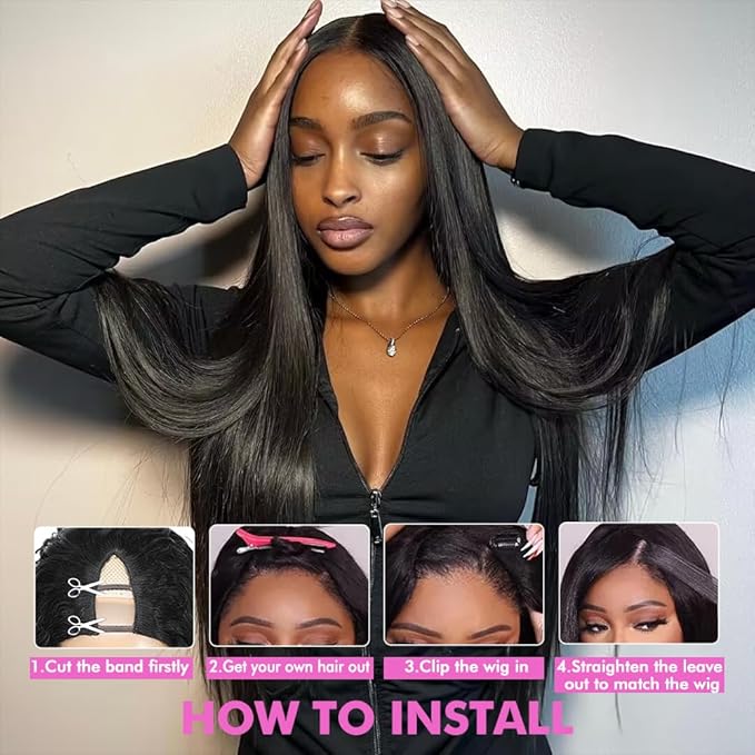 CHEETAHBEAUTY V Part Wigs Human Hair Straight V Shape Wigs for Black Women Upgrade U Part Wigs No Leave Out No Sew In No Glue Clip in Half Wigs 180% Density Natural Black 14Inch