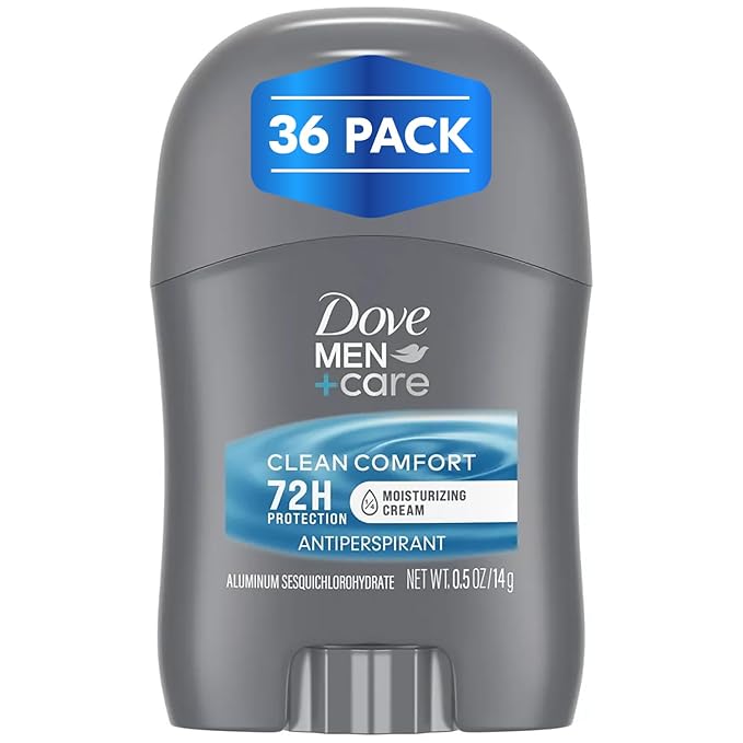 Dove Men+Care Clean Comfort Antiperspirant, 36-Pack – Men’s Mini Deodorant, Travel Size, Bulk, 72H Protection, 0.5 Oz Ea