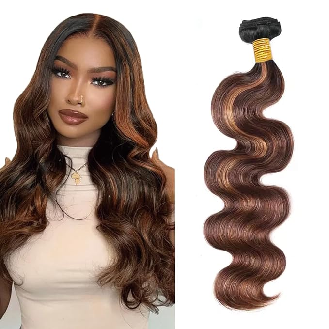 Freiuoke 32 Inch Brown Bundles Human Hair Color 30 Body Wave Bundles Highlight Body Wave 1 Bundle Soft and Shiny Remy Hair Extensions