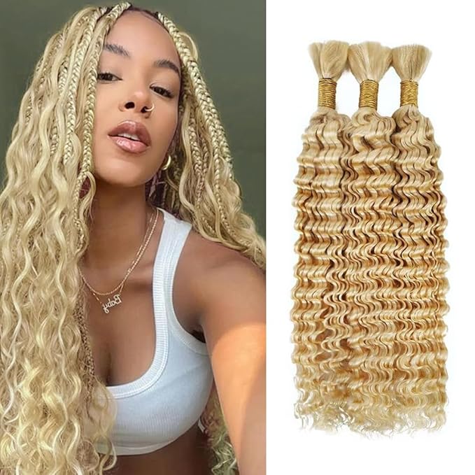 22 inch 613 Blonde Human Braiding Hair for Boho Braids 613 Deep Wave Human Bulk Braiding Hair 150g Honey Blonde Deep Wave 3 Bundles