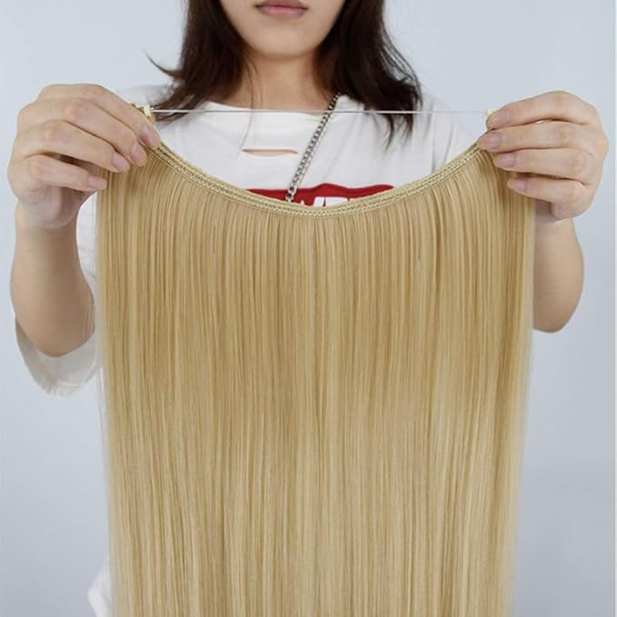 iLUU Straight Hairpiece 22-Inches Heat Resistant Synthetic Fiber Hair Extensions 80 Grams #1BJ Natural Black Color Secret Fish Line Hair Invisible String Hair Extension Wig for Women Girl