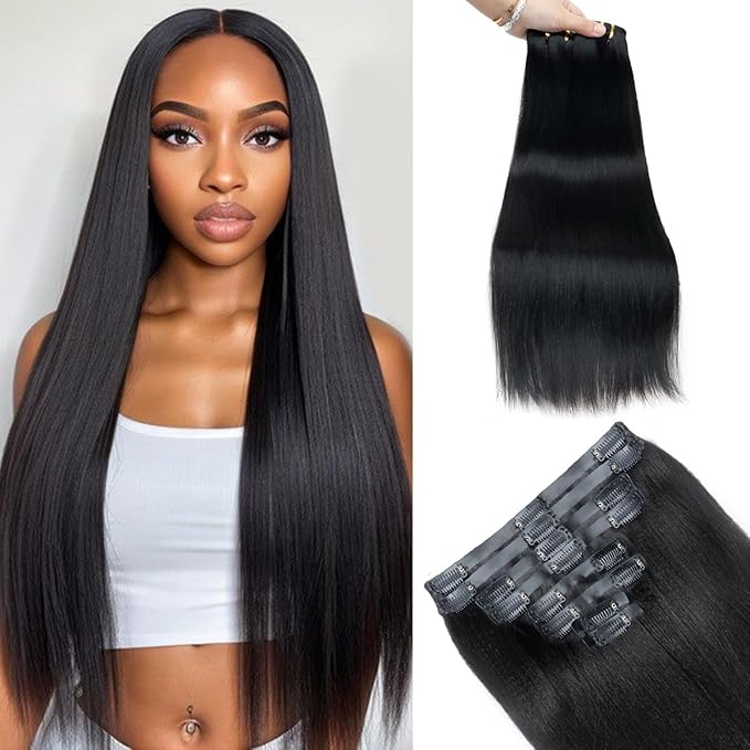 Yaki Straight Clip in Hair Extensions Real Human Hair 2 Pack 240g Seamless for Women Full Max with 16Pcs Remy Human Hair Extensions PU Skin Weft 20inch Natural Black