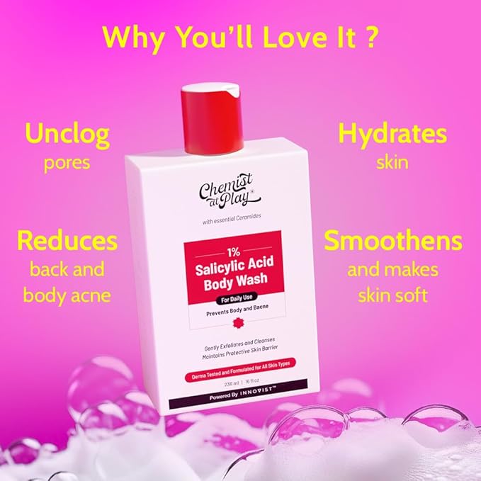 Chemist at Play 1% Salicylic Acid Body Wash | Paraben & SLS Free | Gentle Exfoliating Shower Gel | Prevents Body Acne, Bumpy Skin & Deep Cleanses Skin | For Men & Women | 7.9 Fl oz