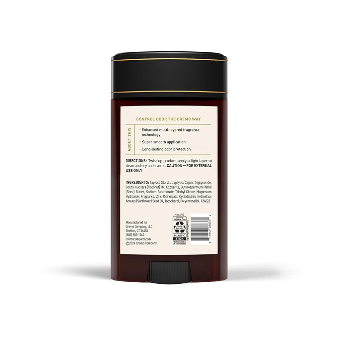 Cremo Italian Bergamot Aluminum Free Deodorant for Men, 48-hour Long Lasting Odor Protection, 2.65oz