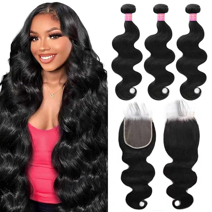 12A Body Wave Human Hair Bundles With Closure 26 28 30+20 Inch 100% Unprocessed Brazilian Virgin 5x5 HD Lace Closure Quick Weave Wavy 3 Bundles with Closure Natural Color