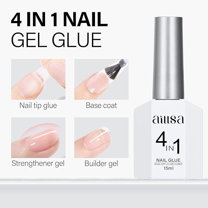 AILLSA 2PCS Gel Nail Glue for Acrylic Nails, 4 in 1 Super Strong Nail Gel Glues for False Nail Tips U V Curing Needed, 15ml High Capacity Gel Extension Brush On Nail for Rhinestone Pearl Foil
