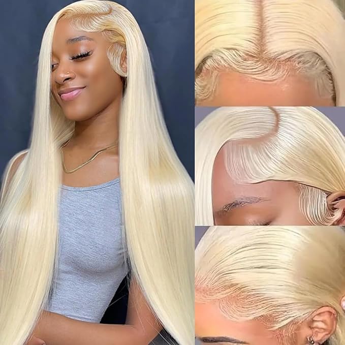 LICHANG 34 Inch 613 Lace Front Wig Human Hair 13X4 Blonde Straight Pre Plucked 200% Density