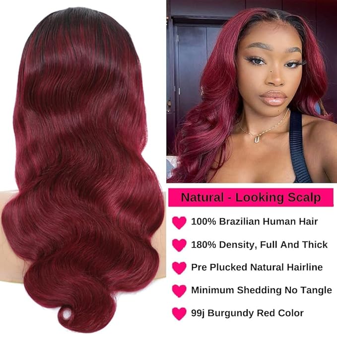 IUPin 1b 99j Burgundy Lace Closure Wigs Human Hair Body Wave Ombre Color Glueless Pre Plucked Human Hair Wigs for Women Natural Hairline with Baby Hair Colored Wine Red 22inch