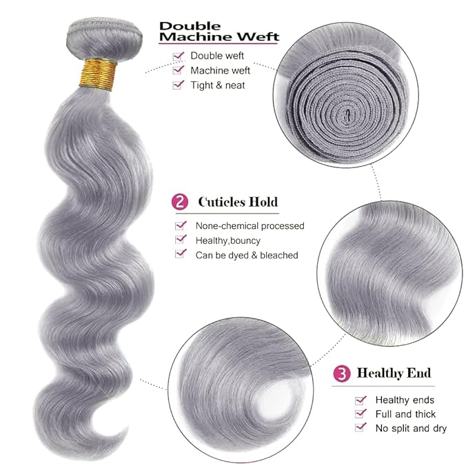 Grey Human Hair Bundles Silver Body Wave Bundles 22 24 26 inch Gray Body Wave Bundle