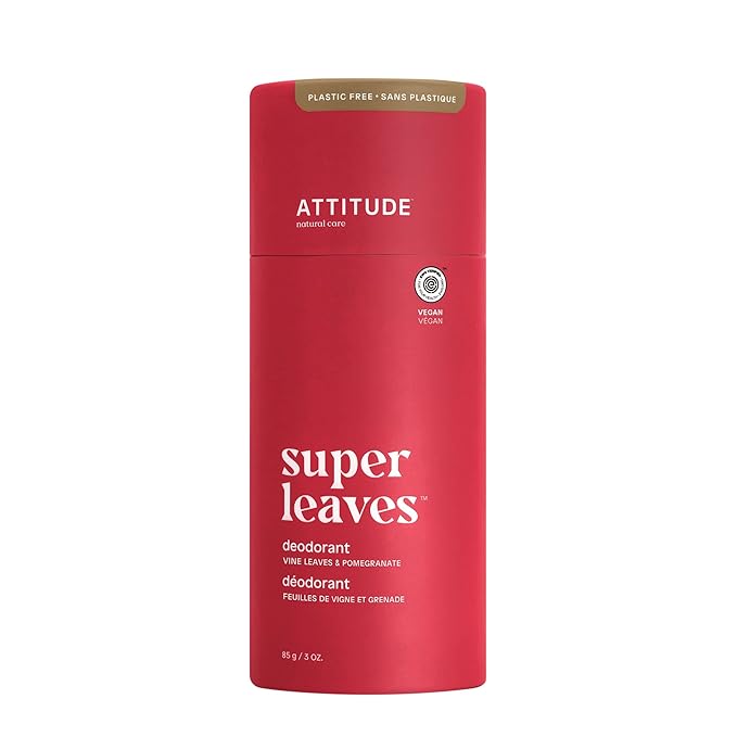ATTITUDE Plastic-Free Deodorant, EWG Verified, Aluminum Free, Vegan Naturally Sourced Body Deodorants for Women & Men, Dermatologically Tested, Vine Leaves and Pomegranate, 3 Ounces