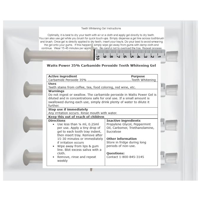 Watts Power 35% Dual Action Teeth Whitening Gels Huge 10ml - 4 Huge 10ml Gels Plus Aftercare Gel - Optimized OTC Dual Action for Surface and Deep Stains for Quick Results - Made in The USA - Kosher
